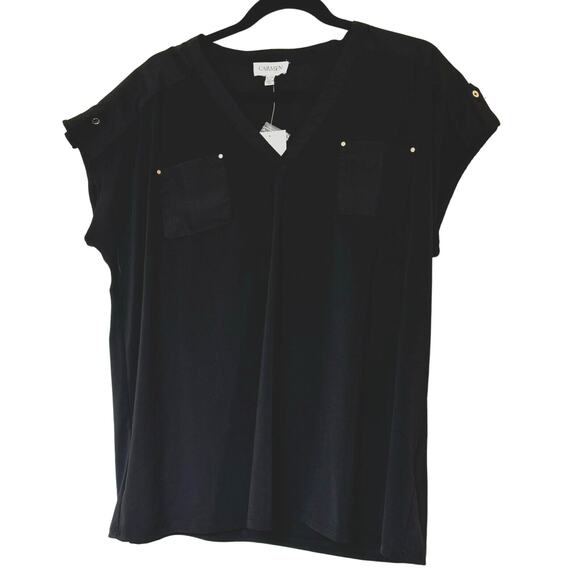 CARMEN MARC VALVO NWT XL Black Short Sleeve Tunic Top Gold Buttons Chest Pockets - Picture 1 of 7